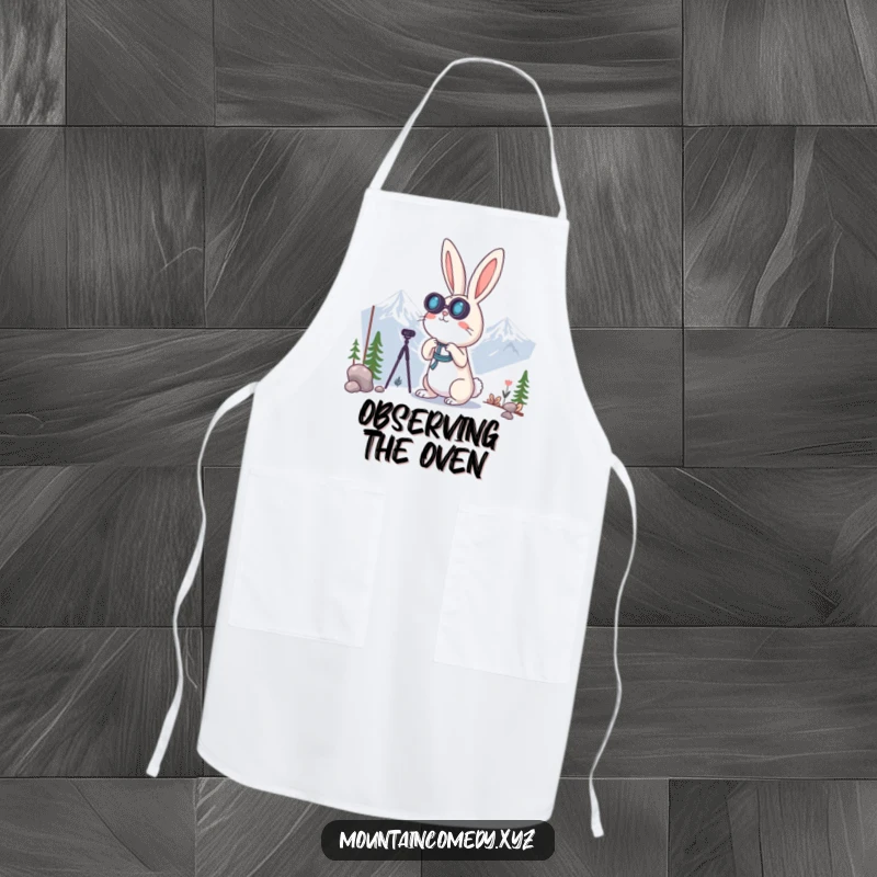 Funny rabbit character using binoculars to observe, ready to oversee culinary creations on this humorous and practical kitchen apron.