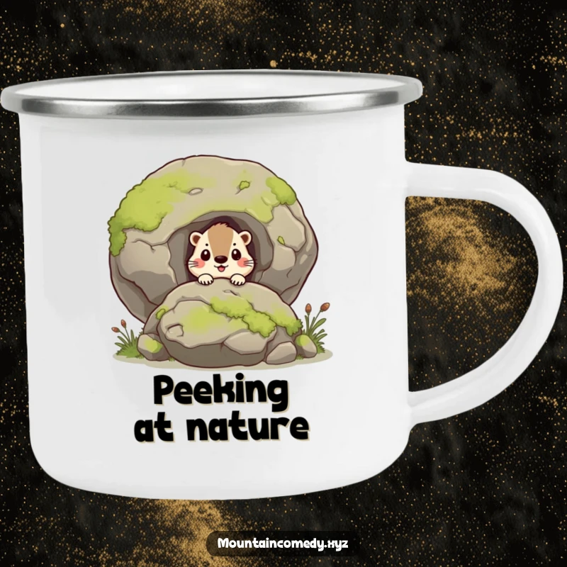 Funny marmot character curiously peering from behind a mossy boulder, rugged camping mug for humorous outdoor adventures, perfect gift.