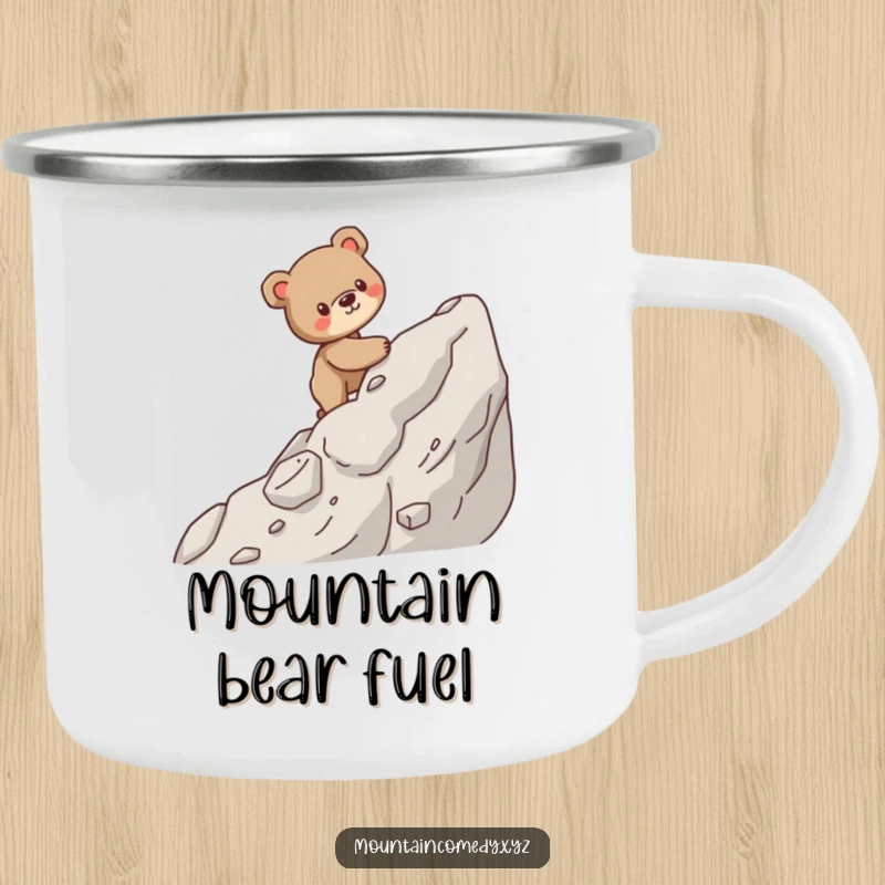 Funny camping mug featuring a sturdy bear cub carefully ascending a steep, rocky mountain, perfect for outdoor inspiration.