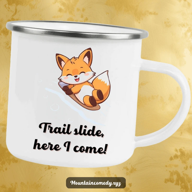 Funny camping mug featuring a happy fox character doing a belly slide on a snowy mountain, perfect for outdoor humor.