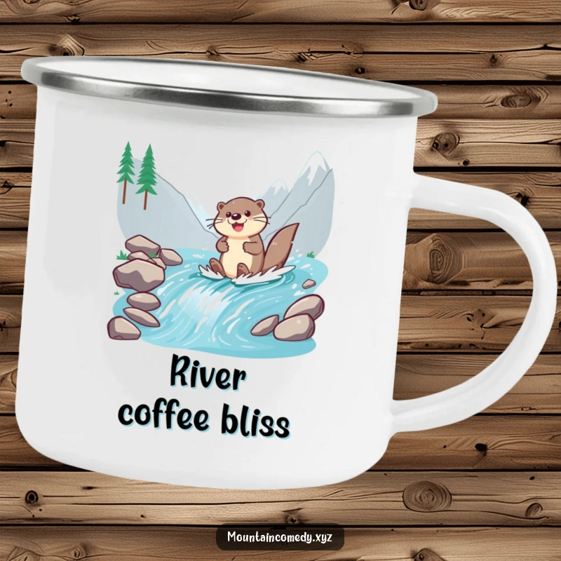 Funny otter character paddling down a mountain stream, bringing cheerful energy to this durable and humorous camping mug.