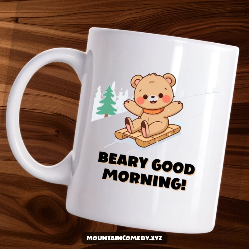 Funny bear cub character joyfully sledding down a snowy mountain, embodying pure winter fun and adventure on this delightful mug.