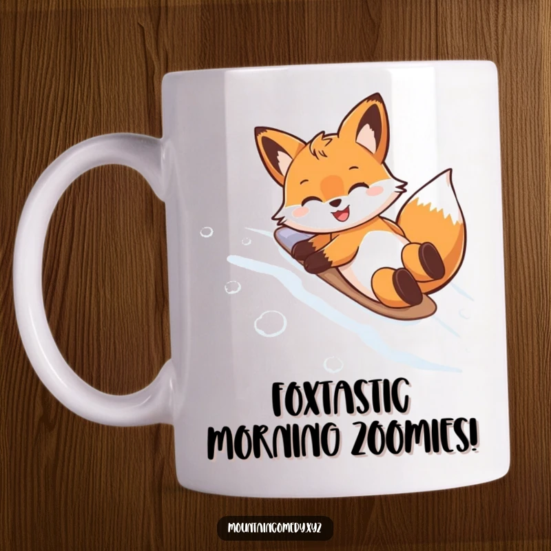 Funny mug featuring a delighted fox character doing a belly slide down a snow-covered mountain, embodying pure winter fun and playful spirit.