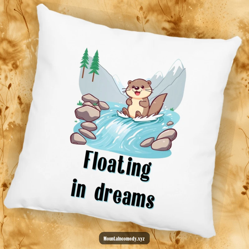 Funny otter character paddling down a stream, offering comfort and cheer on this decorative and humorous pillow.