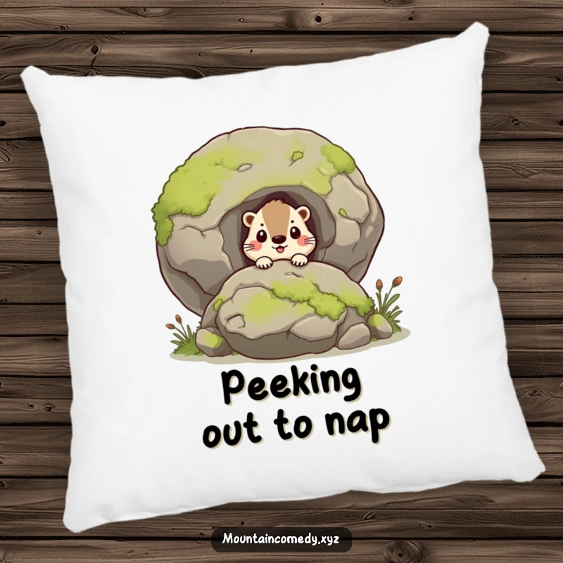 Funny marmot character curiously peering from behind a moss-covered boulder, soft pillow for humorous nature comfort, great gift.