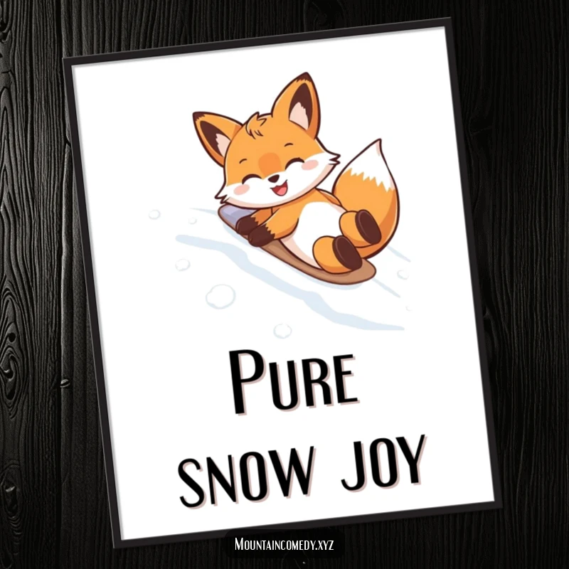 Funny digital art of a delighted fox character belly sliding down a snow-covered mountain, capturing a moment of pure winter joy.