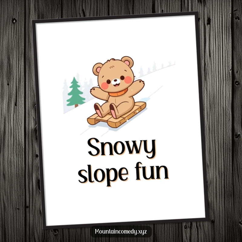 Funny bear cub character sledding down a snowy mountain, captured in a vibrant and humorous digital art print for instant wall decor.