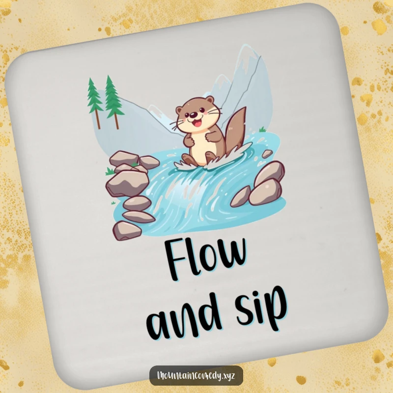 Funny otter character paddling down a stream, featured on this set of humorous drink coasters for cheerful homes.