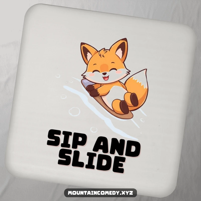Funny drink coaster with a playful fox character belly sliding down a snowy slope, protecting surfaces with winter fun.
