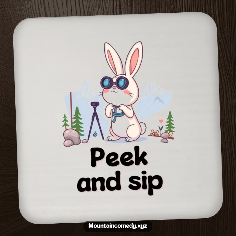 Funny rabbit character using binoculars to observe distant peaks, featured on this set of humorous drink coasters for curious homes.