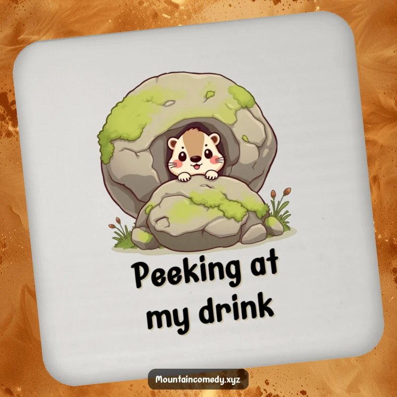 Funny marmot character curiously peering from behind a mossy boulder, absorbent coaster set for humorous table protection, great gift.