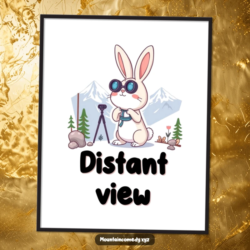 Funny rabbit character using binoculars to gaze at distant mountain peaks, creating a sense of wonder in this humorous art print.