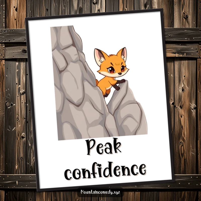 Funny, determined fox cub character ascending a challenging cliff, beautifully rendered in this inspiring and humorous mountain art print.