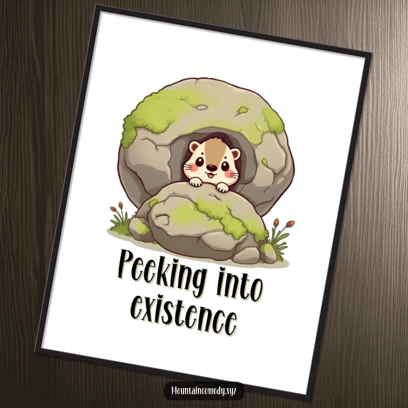 Funny marmot character curiously peering from behind a large mossy boulder, humorous poster for whimsical nature decor, perfect gift.