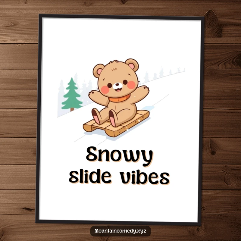Funny bear cub character having a blast sledding down a snow-covered mountain, bringing winter joy to this humorous art print.