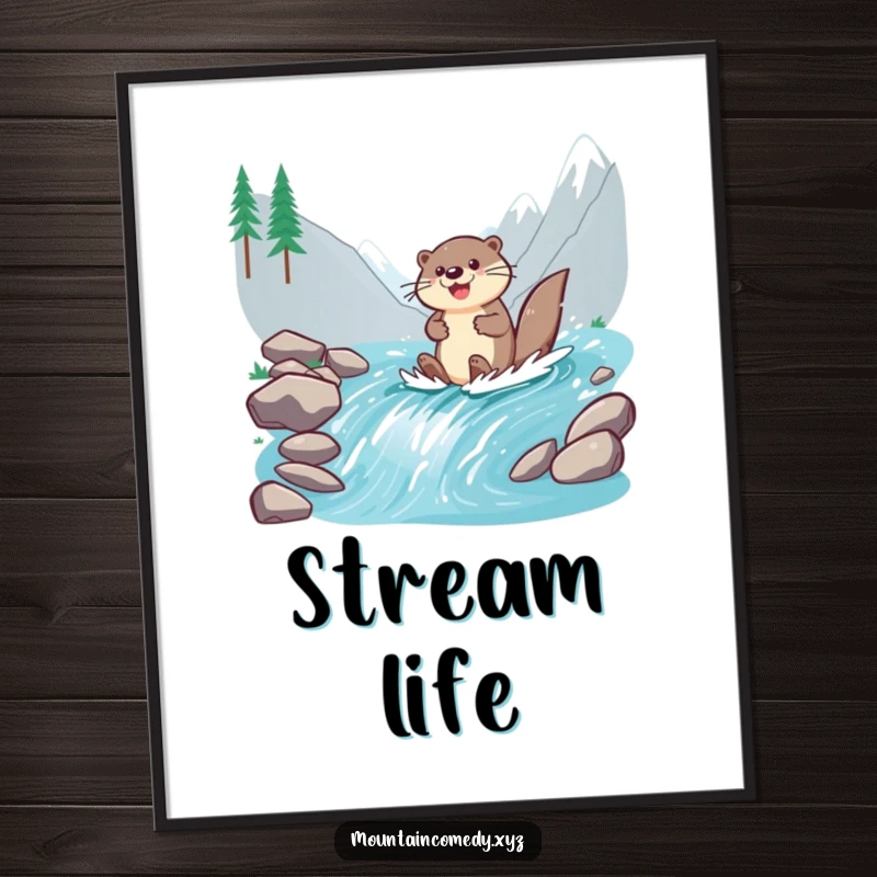 Funny otter character enthusiastically paddling down a fast mountain stream, capturing cheerful movement in this humorous river art print.