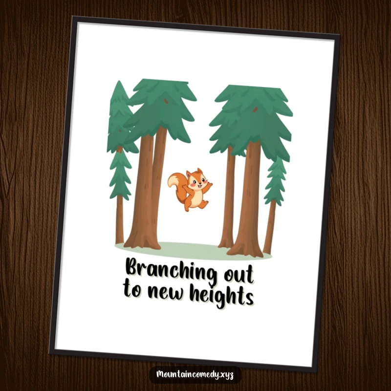 Funny Free Printable Wall Art: Playful squirrel leaps effortlessly between towering pine trees in a vibrant forest scene.