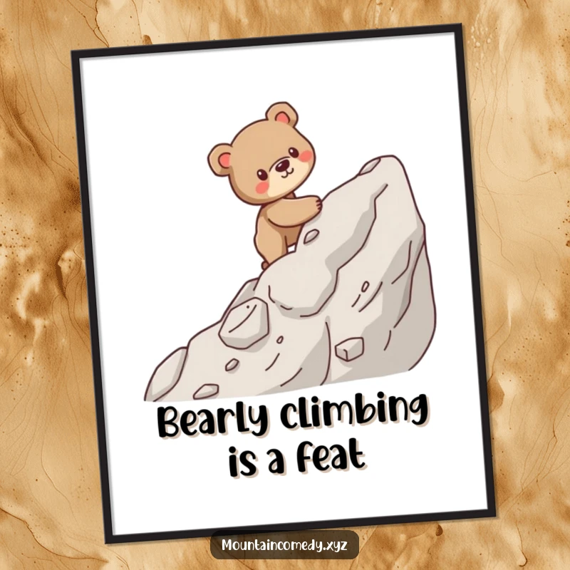 Free printable wall art of a sturdy bear cub cub determinedly climbing a steep, rocky mountain, embodying perseverance and strength.