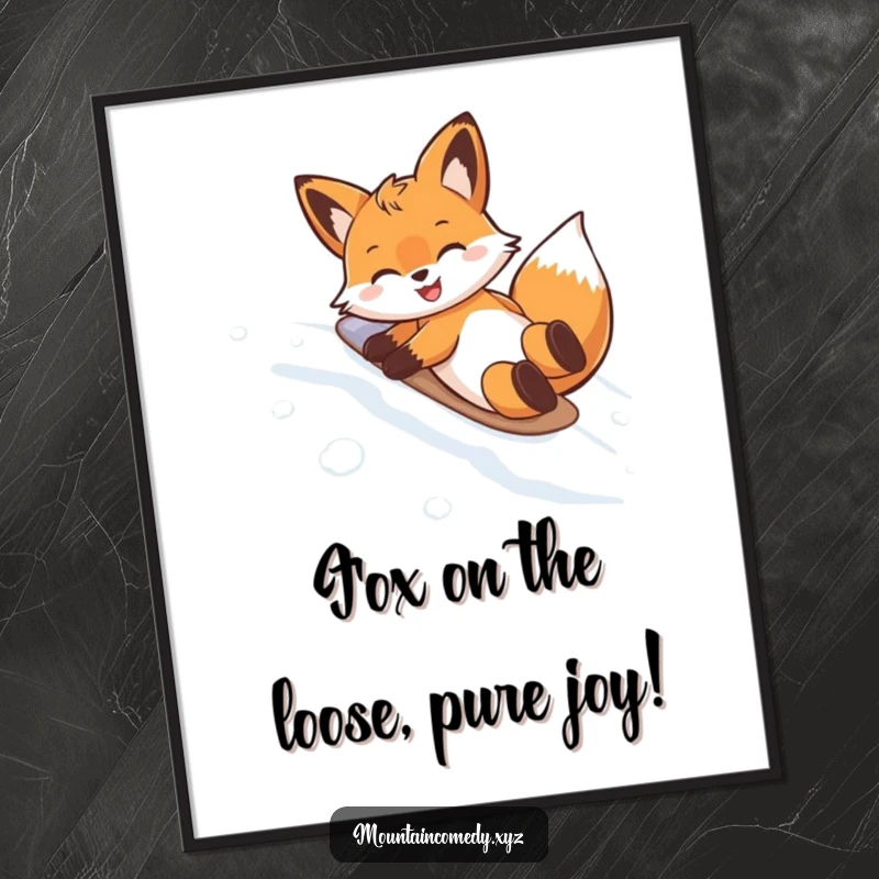 Funny free printable wall art of a happy fox gleefully sliding down a snowy mountain on its belly, capturing pure winter fun.