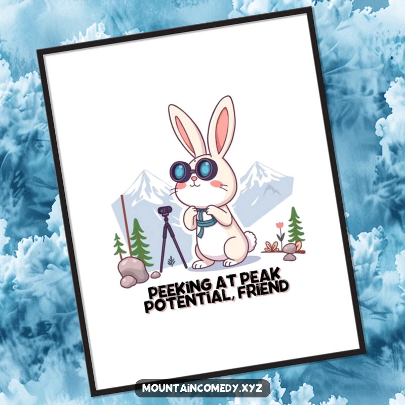 Funny Free Printable Wall Art: Curious rabbit peers through binoculars at distant mountain ranges, inspiring exploration.