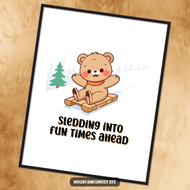 Funny Free Printable Wall Art: Adorable bear cub gleefully slides down a snowy mountain, bringing winter fun indoors.
