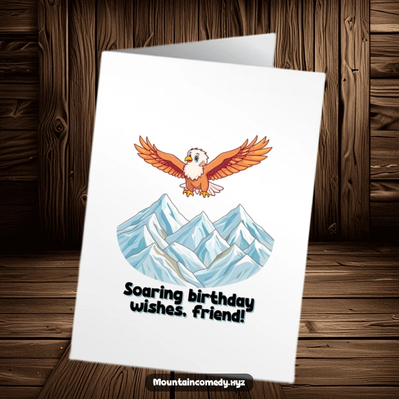 Free printable birthday card featuring an energetic eagle soaring majestically over mountain peaks, symbolizing freedom and celebration.