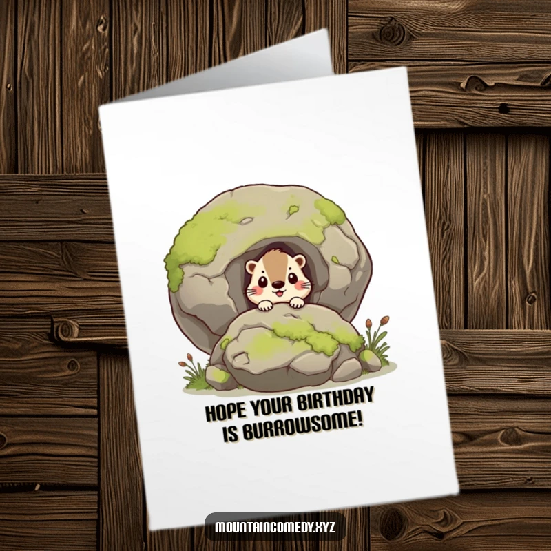 Funny Free Printable Birthday Card featuring a curious marmot peeking out from behind a giant moss-covered boulder with a grin.