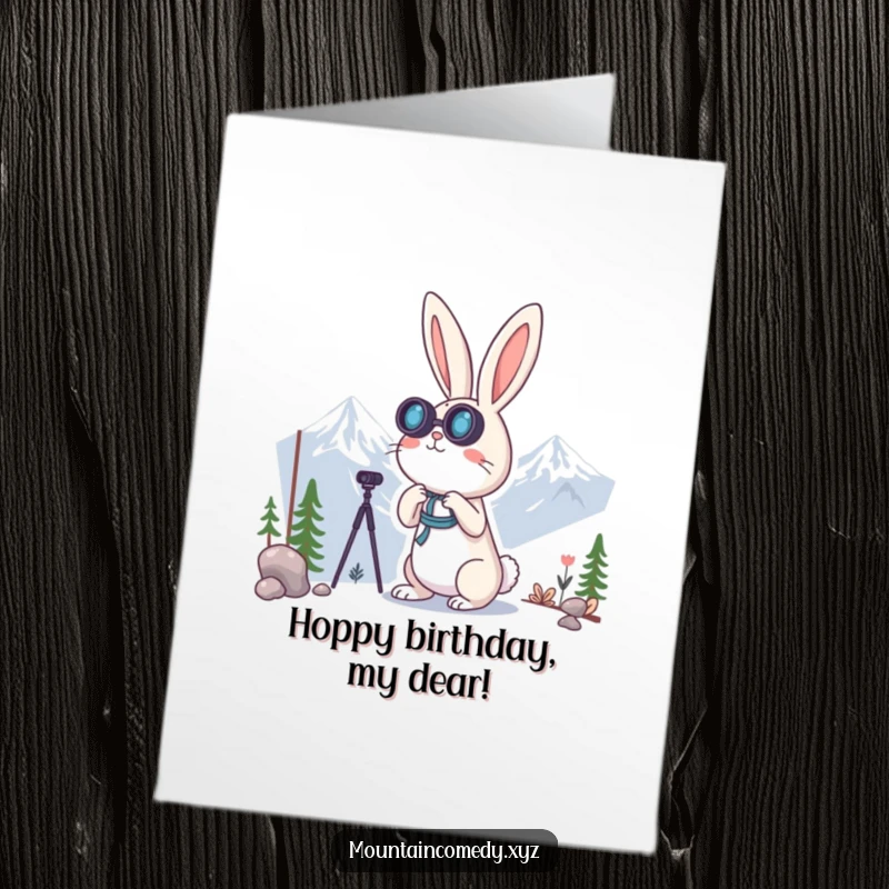 Funny Free Printable Birthday Card: Curious rabbit with binoculars gazes at distant mountains, celebrating a birthday adventure.