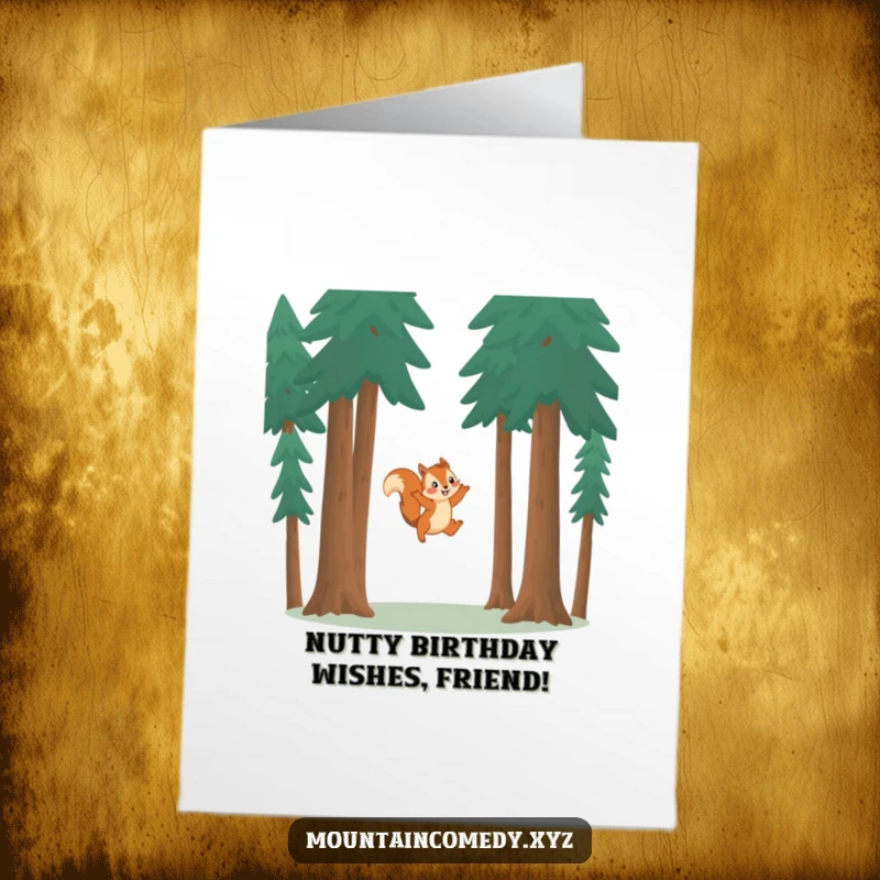Funny Free Printable Birthday Card: Playful squirrel leaps between pine trees, delivering birthday wishes with acrobatic flair.