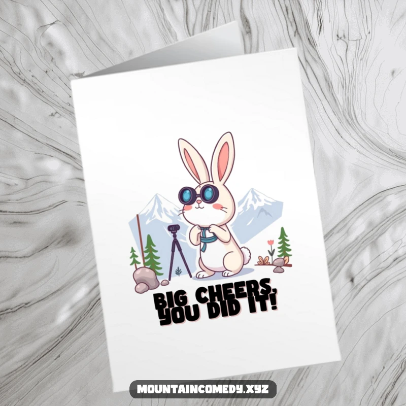Funny Free Printable Congrats Card: Curious rabbit uses binoculars to spot distant peaks, celebrating a successful endeavor.