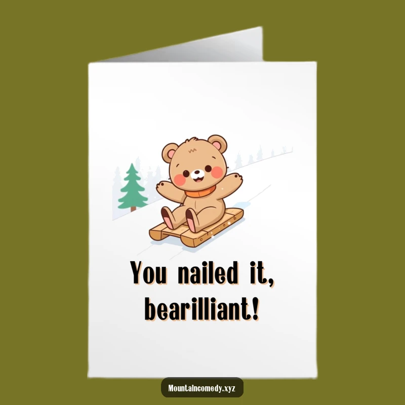 Free Printable Bear Cub Congrats Card: Funny Snow Slide Achievement Downloadable