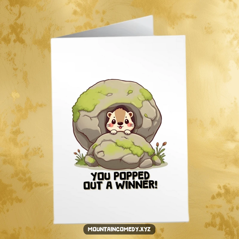 Funny Free Printable Congratulations Card showing a curious marmot peeking from behind a boulder, ready to celebrate their win.