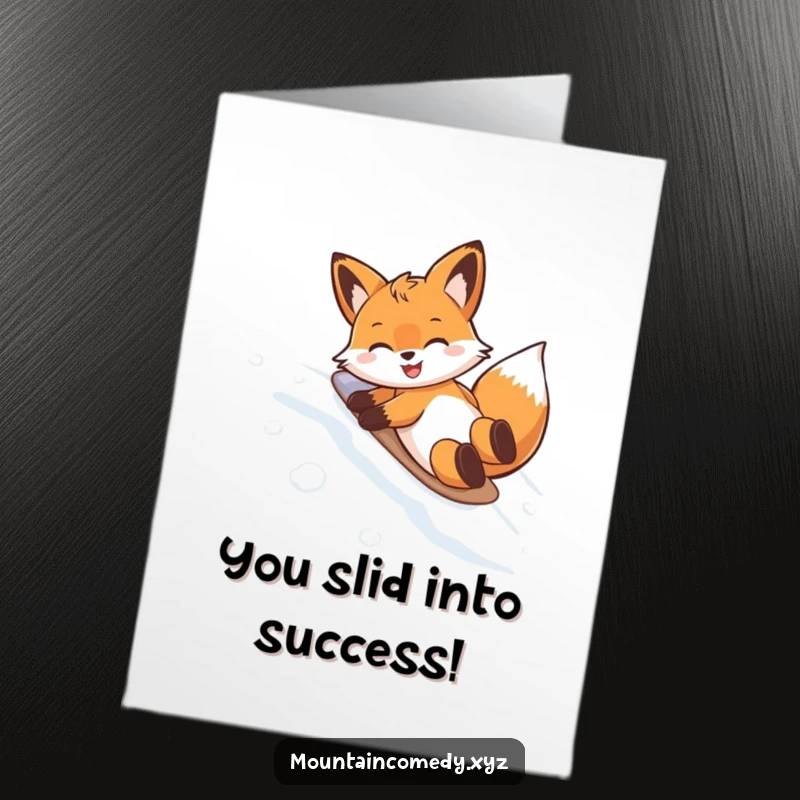 Free printable congratulations card showing a gleeful fox belly-sliding down a snowy slope, celebrating success with humor.