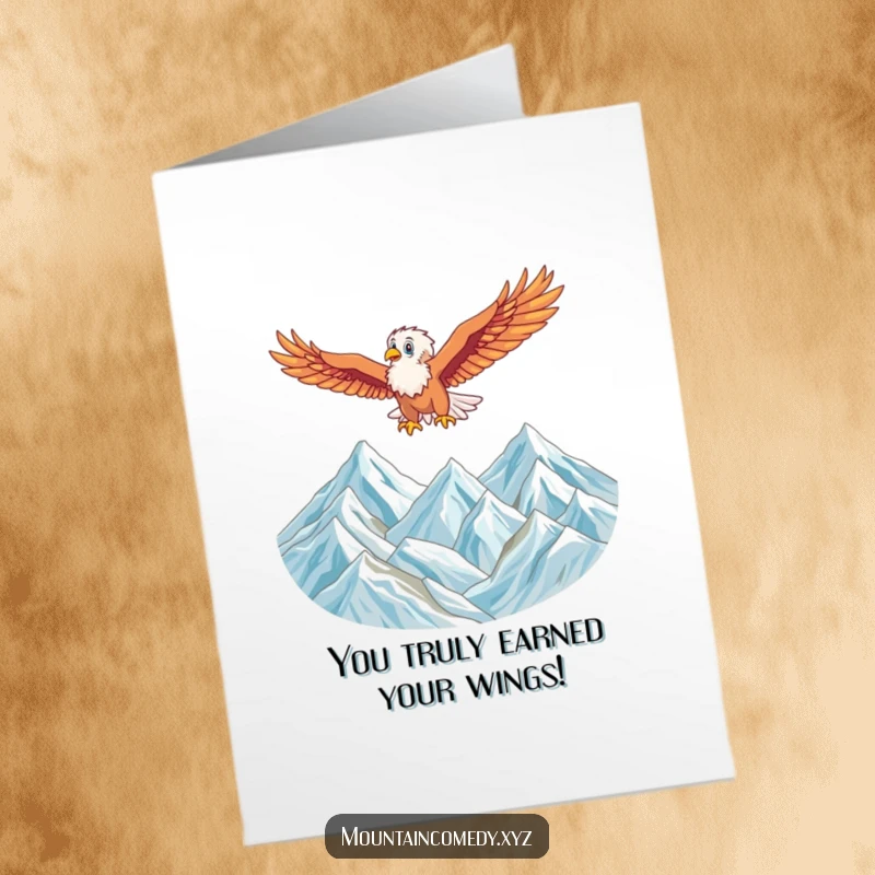 Free printable congratulations card showing a triumphant eagle soaring high above a grand mountain range, celebrating peak achievement.