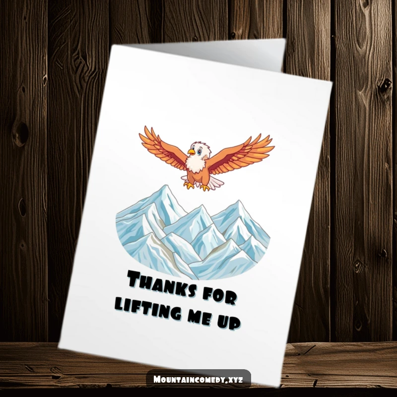 Free printable thank you card with an eagle gliding effortlessly over vast mountains, conveying elevated and sincere gratitude.