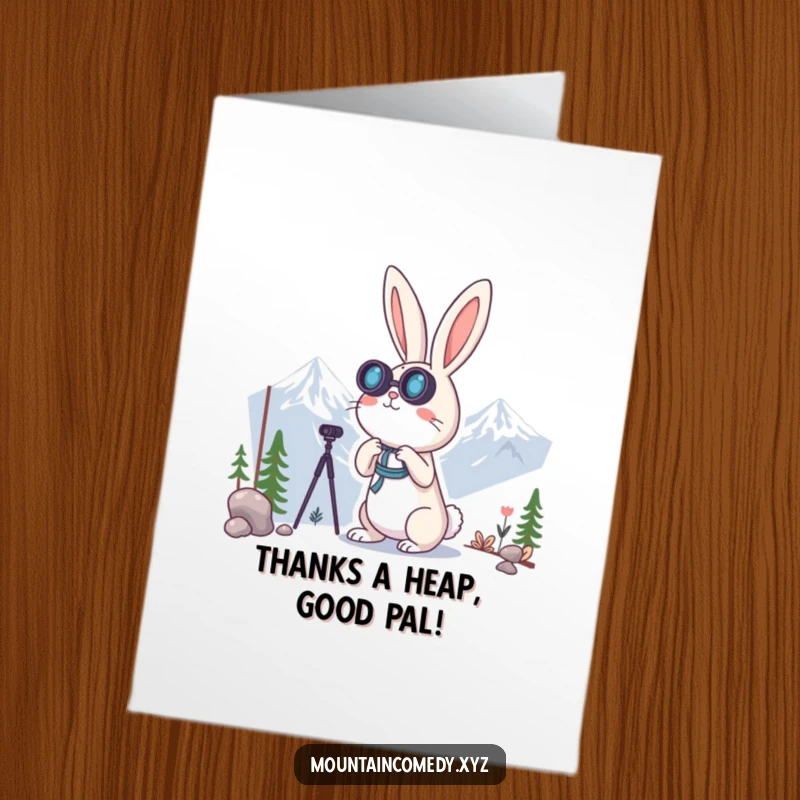 Funny Free Printable Thank You Card: Curious rabbit with binoculars observing, sending heartfelt thanks from afar.