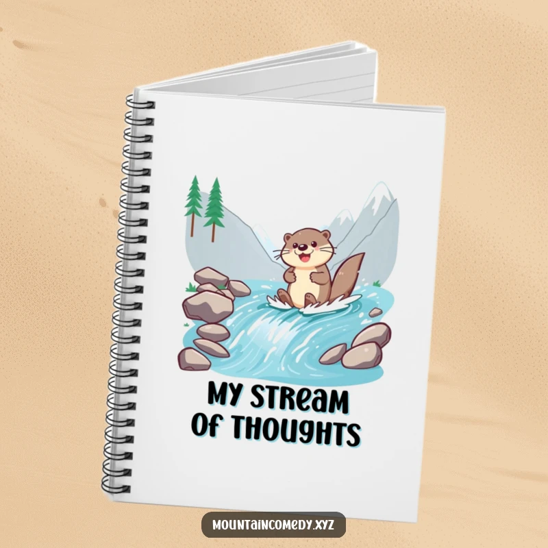 Funny otter character paddling down a stream, ready to capture cheerful thoughts in this humorous adventure notebook.