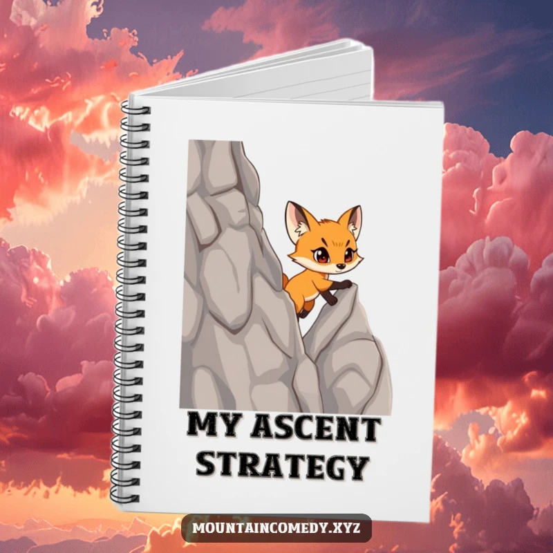 Funny fox cub character scaling a steep cliff, ready to capture ambitious plans and notes in this humorous adventure notebook.