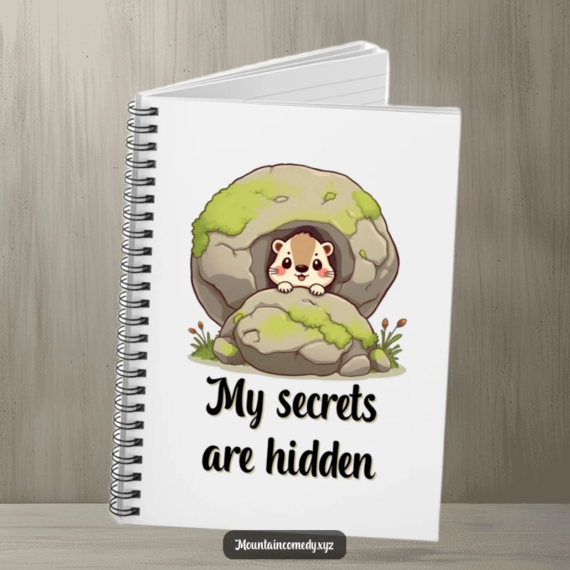 Funny marmot character curiously peering from behind a mossy boulder, ruled notebook for humorous journaling, great gift.