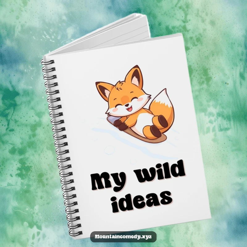 Funny notebook with a delighted fox character belly sliding down a snow-covered mountain, perfect for jotting down funny ideas.