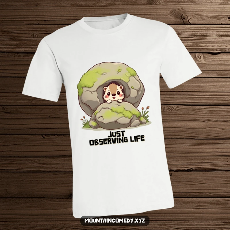 Funny marmot character curiously peeking from behind a large mossy boulder, humorous T-shirt for adventurers, great gift.