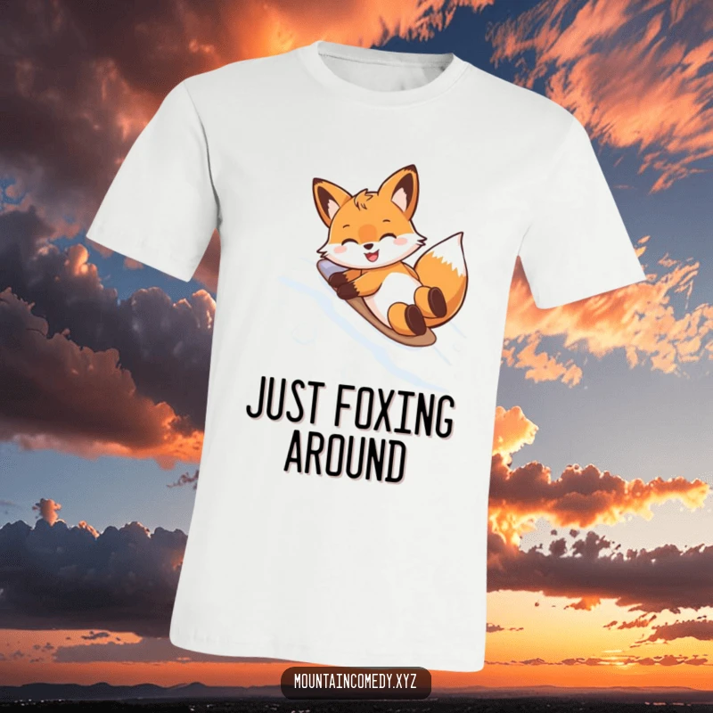 Funny t-shirt showcasing a gleeful fox character sliding downhill on its belly in the snow, radiating pure, unadulterated fun.