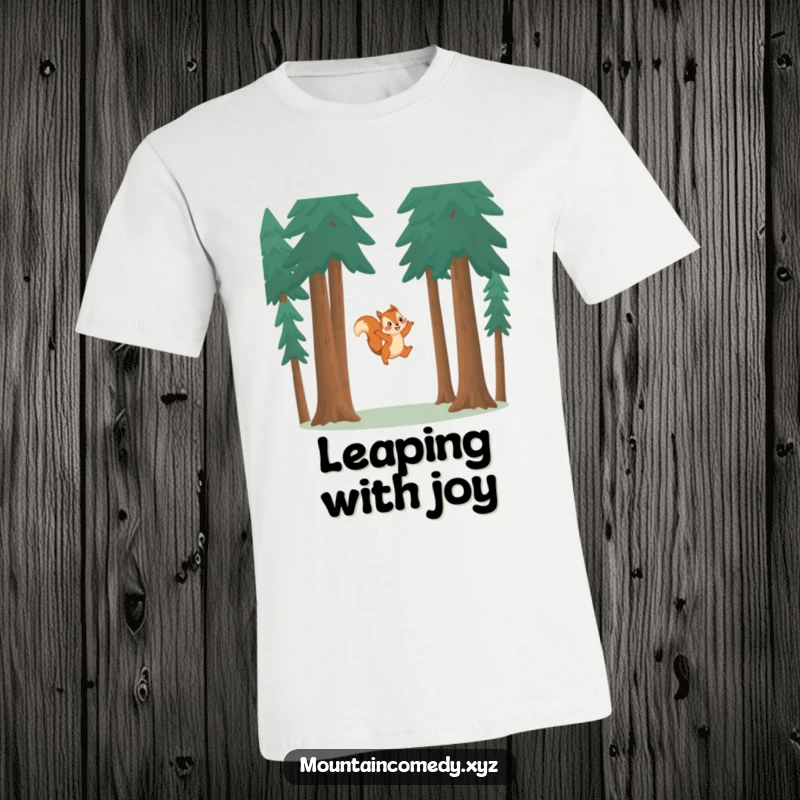 Funny squirrel character gracefully leaping between tall pine trees, showcasing playful agility on this vibrant graphic tee.